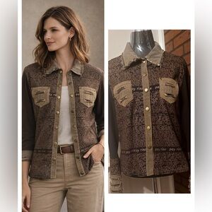 Brown Print Button Shirt Jacket L Vintage Workwear Casual Layer
